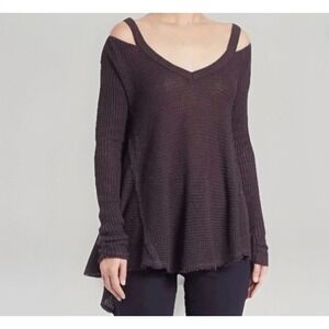 Free People Moonshine Cold Shoulder Thermal Waffle Knit Sweater Gray Size Medium